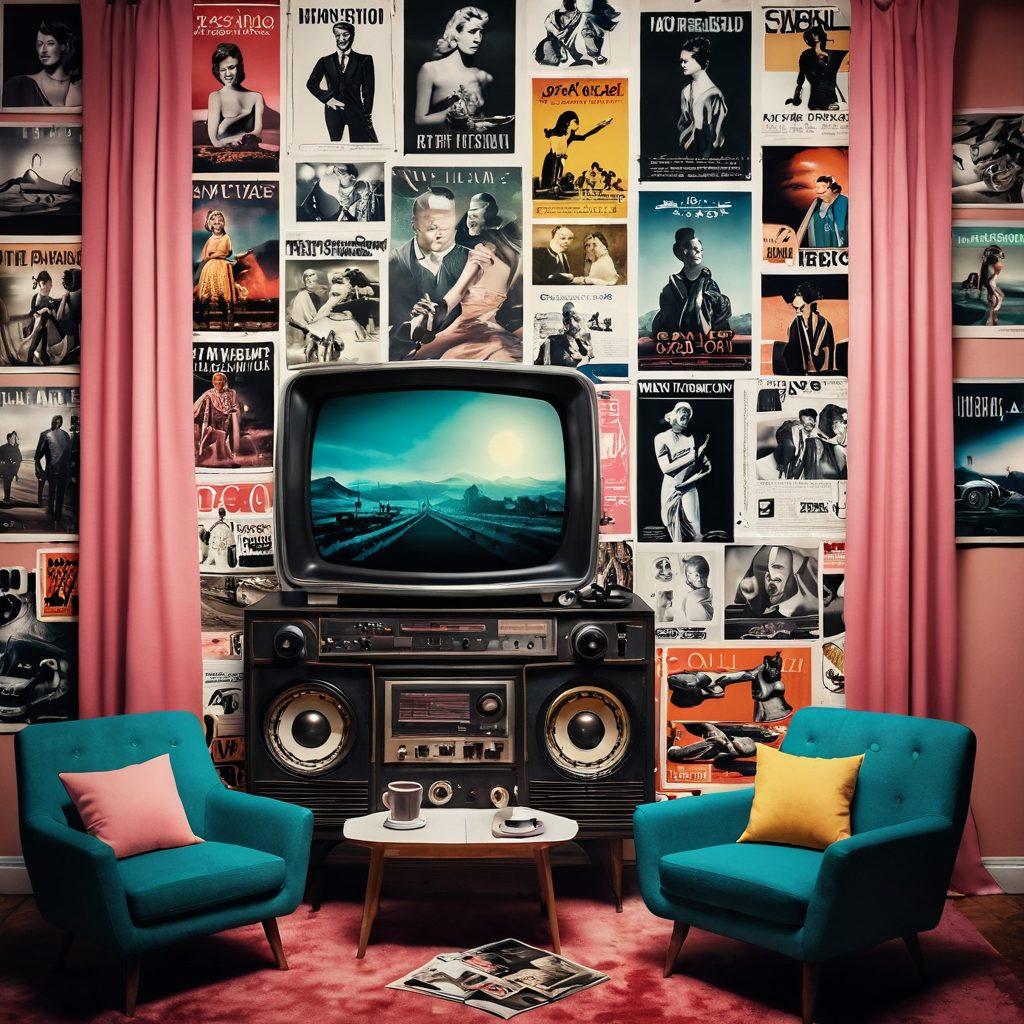 A dynamic collage depicting the evolution of adult entertainment, featuring vintage cinema reels, retro magazines, and modern digital devices. Include symbolic elements like a faded curtain transforming into a vibrant screen displaying diverse content, overlaid with eye-catching infographics. The scene should evoke a sense of nostalgia and innovation, illustrating the journey from past to present. Futuristic colors with a blend of pastels and deep shades, creating a contrast that attracts the eye. super-realistic. vibrant colors. white background.
